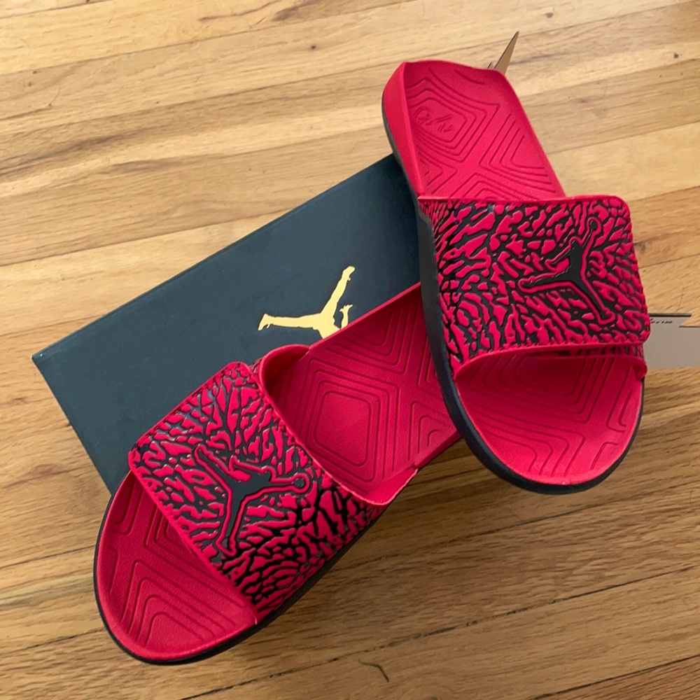 Fresh Jordan Slides Red Black size 7Y/M 8.5Womens Brand new in box